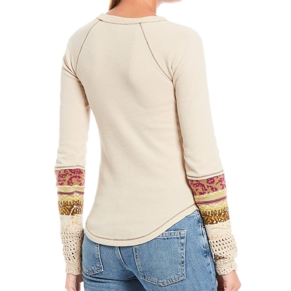 Free People In The Mix Cuff Waffle Knit Linen Combo Thermal LS Tee Size Med NWT - Picture 2 of 13